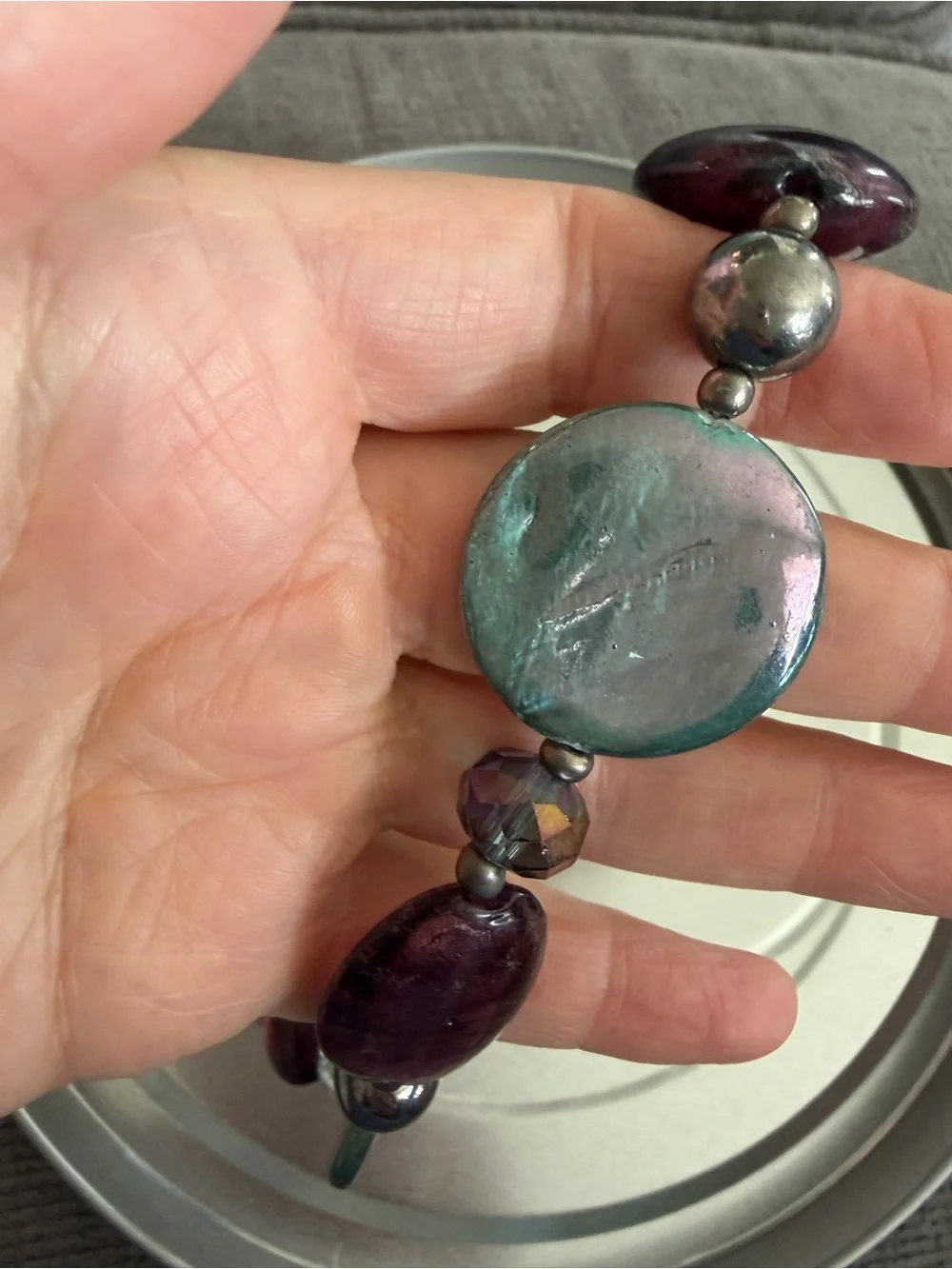 Handmade Iridescent Purple and Green Glass Disc Necklace